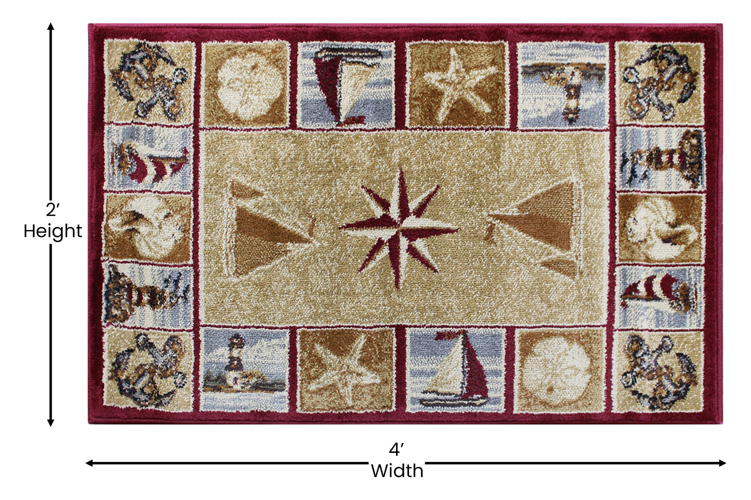BLNK Inis Collection Nautical Area Rug with Jute Backing - Beige, 2'W x 3'L