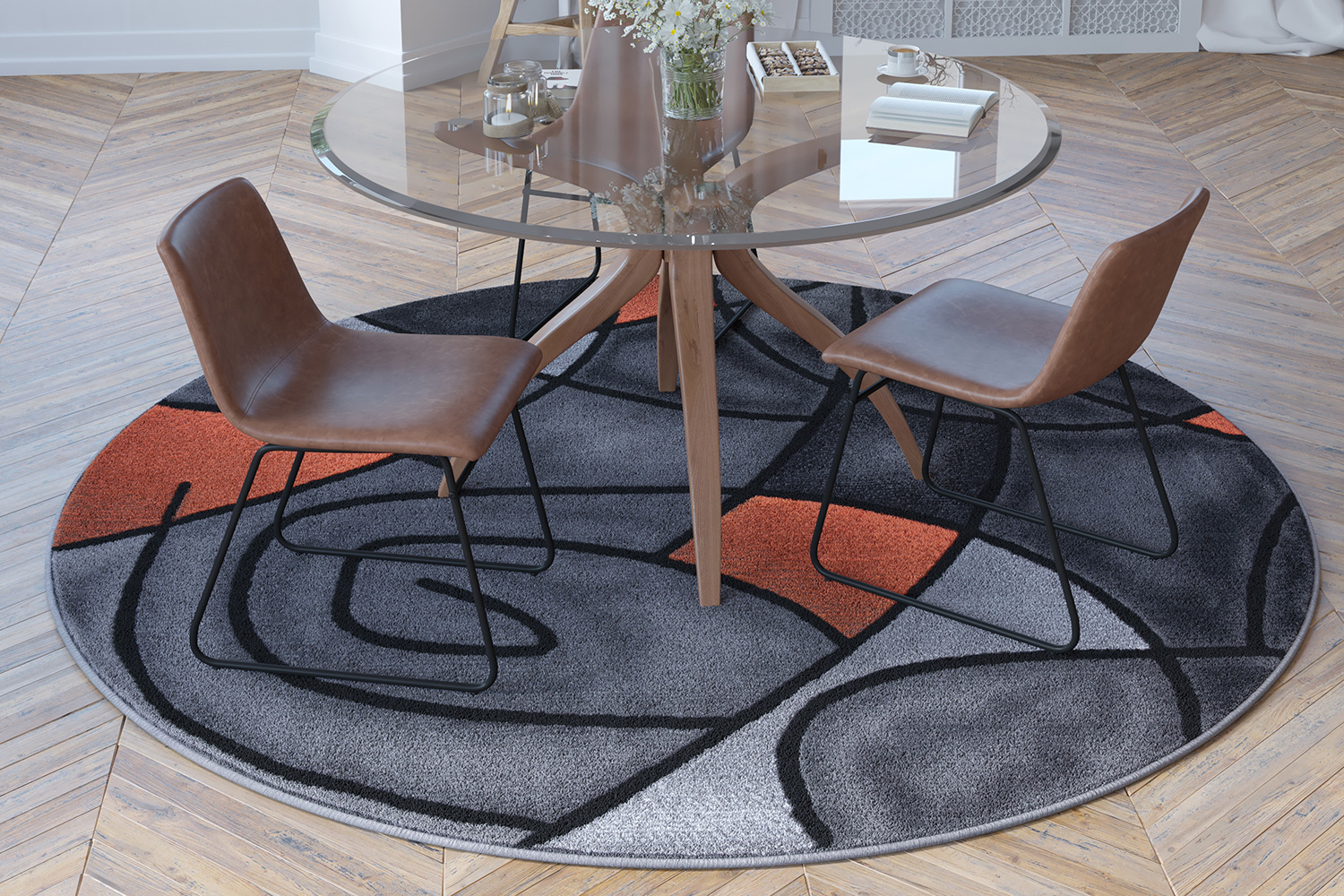 BLNK Jubilee Collection Style 2 Abstract Round Olefin Area Rug with Jute Backing - Orange, 7'W x 7'L