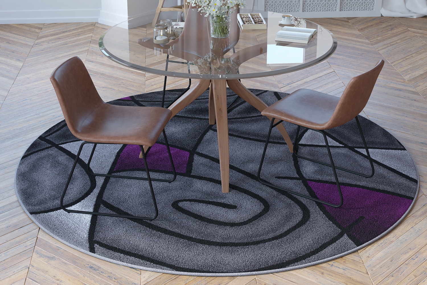 BLNK Jubilee Collection Style 2 Abstract Round Olefin Area Rug with Jute Backing - Purple, 7'W x 7'L