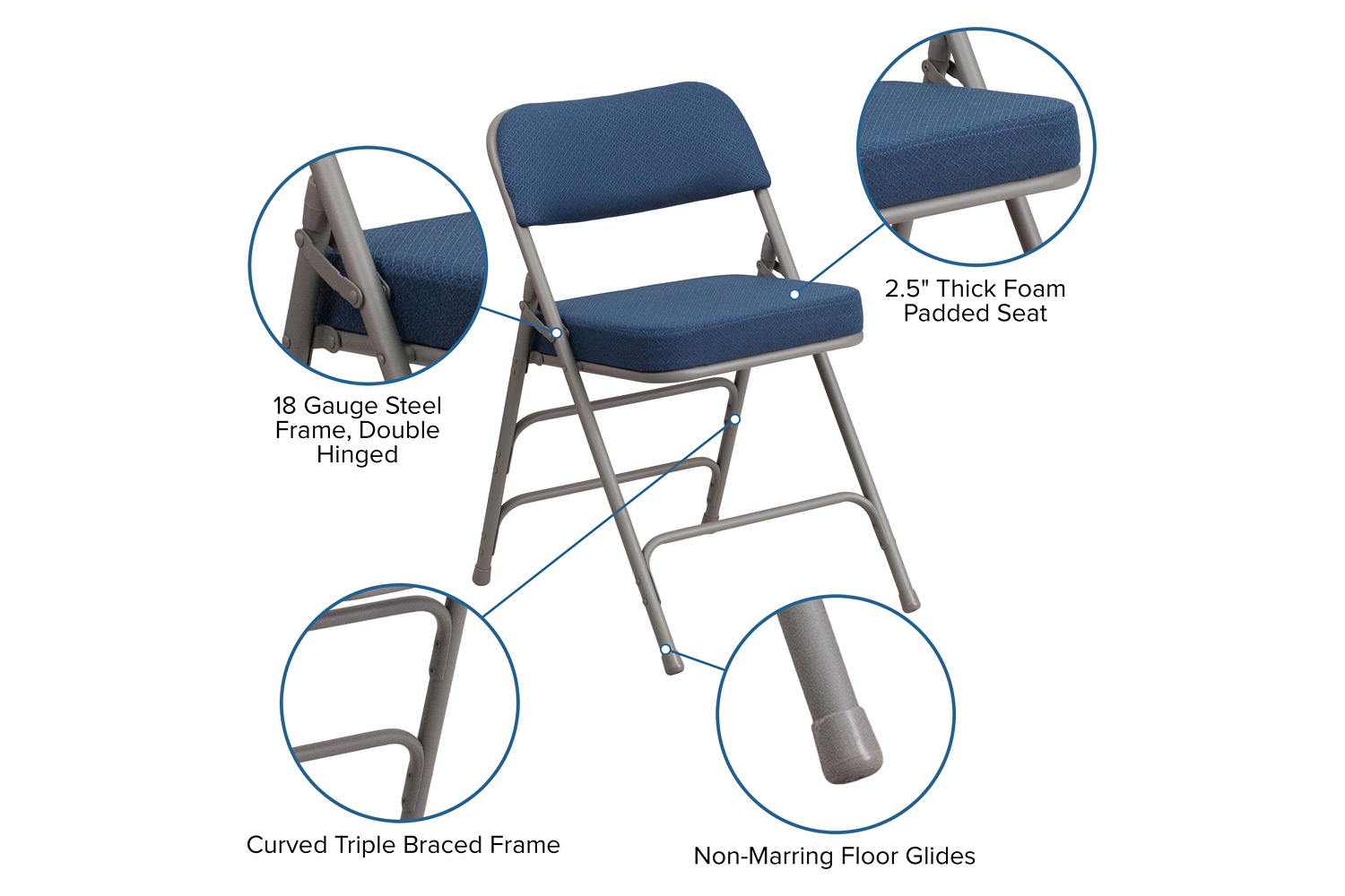 BLNK HERCULES Series Style 1 Fabric Premium Curved Triple Braced and Double Hinged Metal Folding Chair - Navy