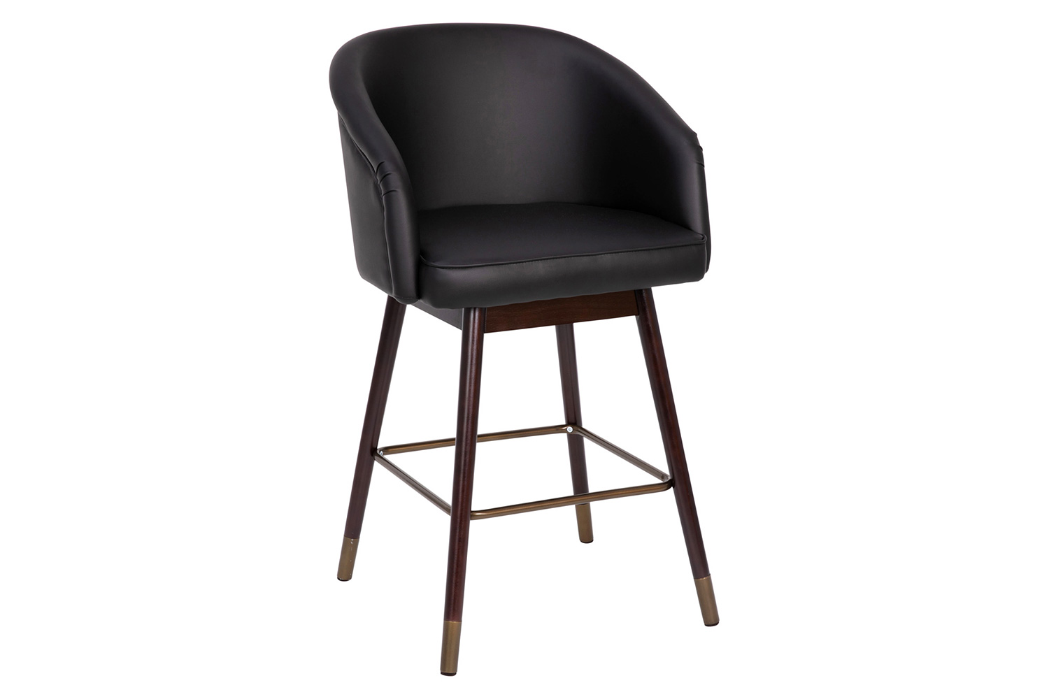 BLNK Margo Commercial LeatherSoft Mid-Back Modern Counter Stool with Walnut Finish Beechwood Legs and Contoured Back - Black