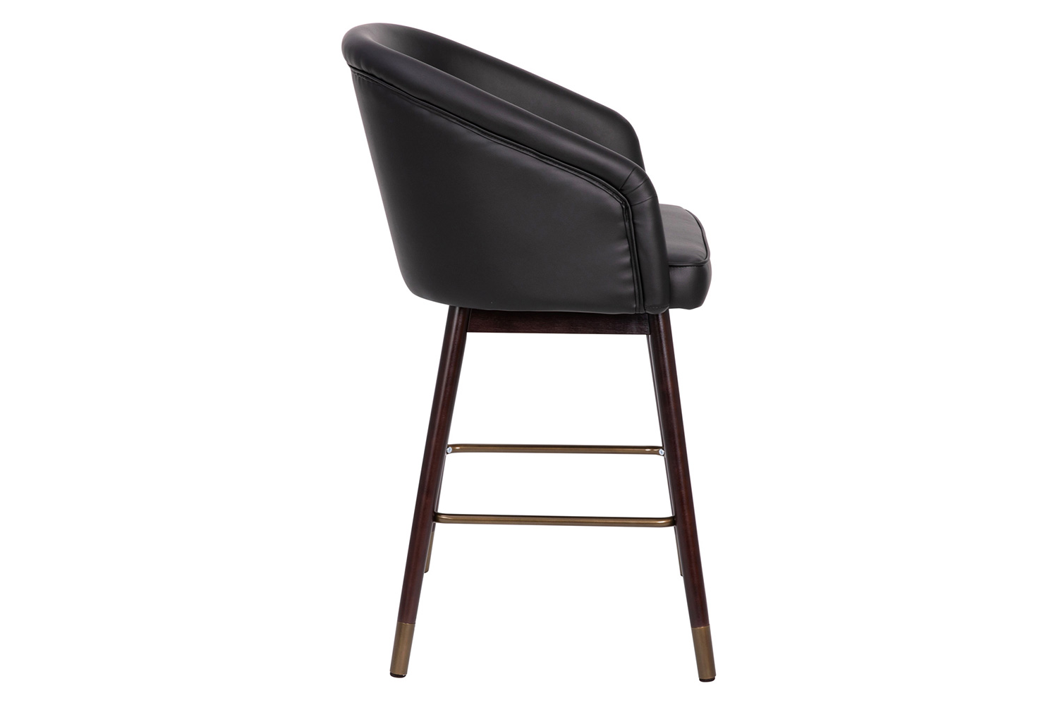 BLNK Margo Commercial LeatherSoft Mid-Back Modern Counter Stool with Walnut Finish Beechwood Legs and Contoured Back - Black