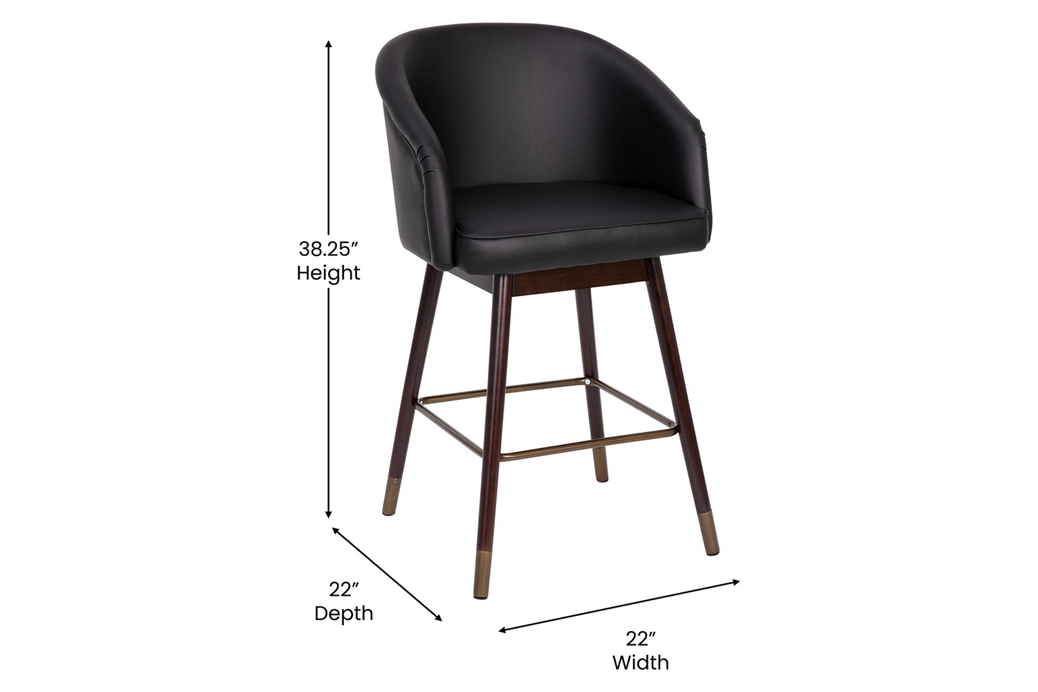 BLNK Margo Commercial LeatherSoft Mid-Back Modern Counter Stool with Walnut Finish Beechwood Legs and Contoured Back - Black