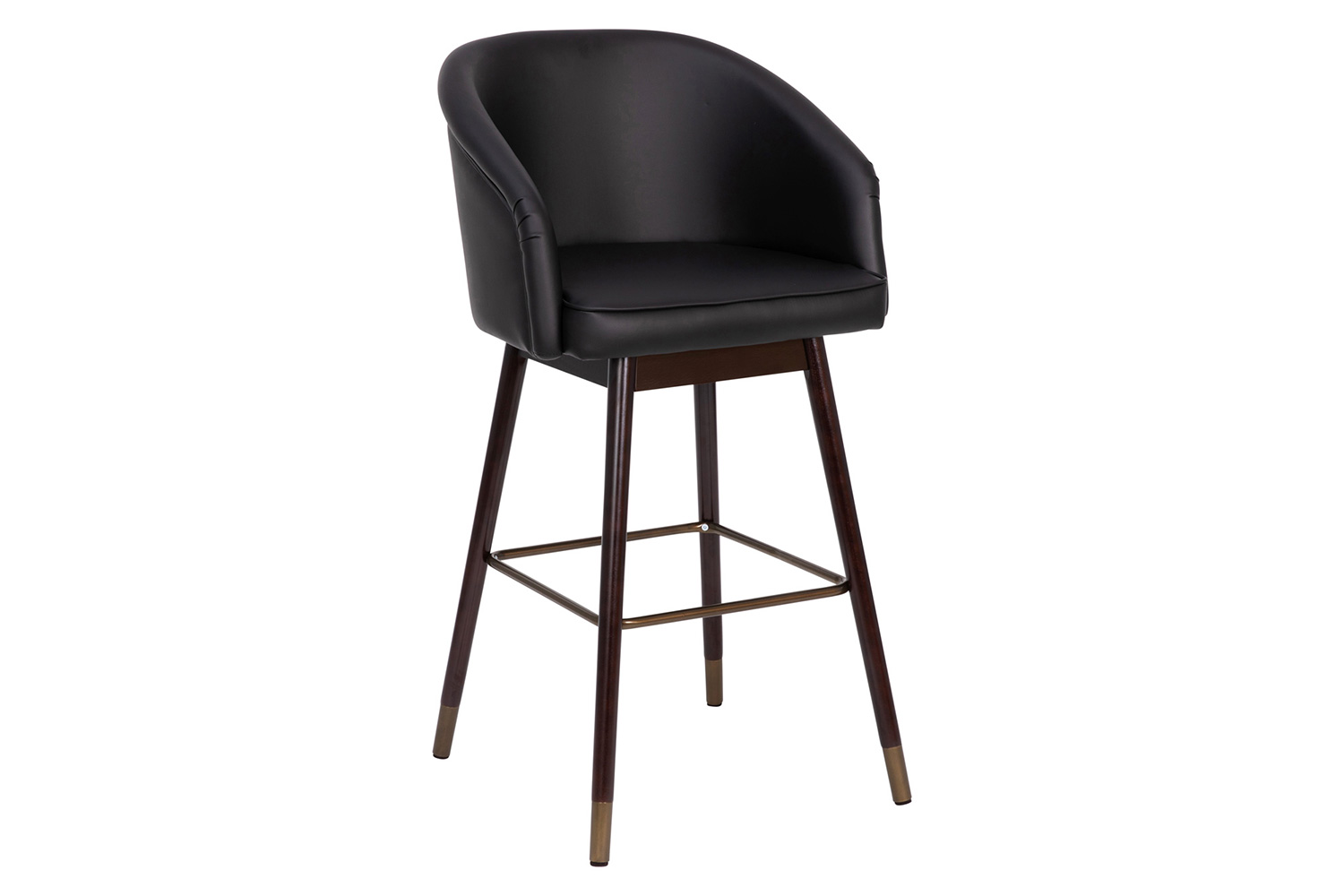 BLNK Margo Commercial LeatherSoft Mid-Back Modern Bar Stool with Walnut Finish Beechwood Legs and Curved Back with Muted Bronze Accents - Black