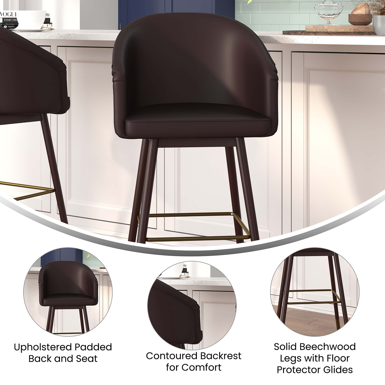 BLNK Margo Commercial LeatherSoft Mid-Back Modern Bar Stool with Walnut Finish Beechwood Legs and Curved Back with Muted Bronze Accents - Brown