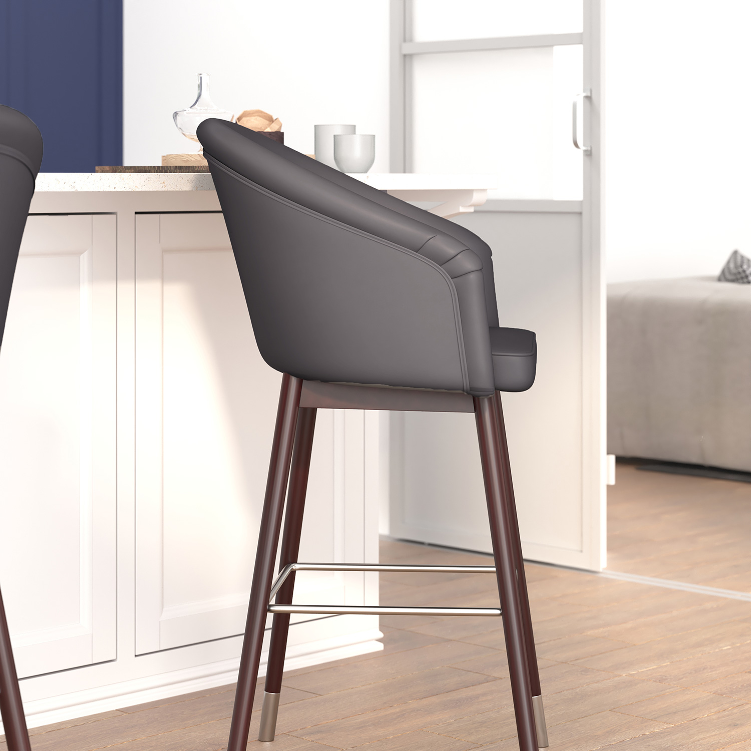 BLNK - Margo Commercial LeatherSoft Mid-Back Modern Bar Stool with Walnut Finish Beechwood Legs and Curved Back with Silver Accents