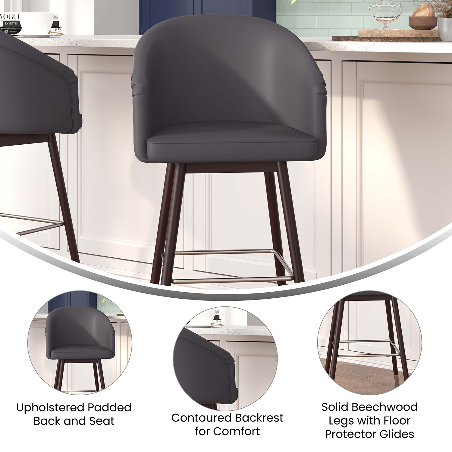 BLNK - Margo Commercial LeatherSoft Mid-Back Modern Bar Stool with Walnut Finish Beechwood Legs and Curved Back with Silver Accents