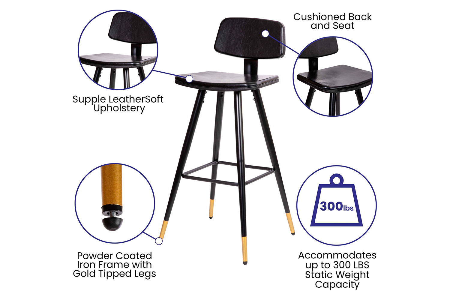 BLNK Kora Commercial LeatherSoft Low Back Bar Stools Set of 2 - Black