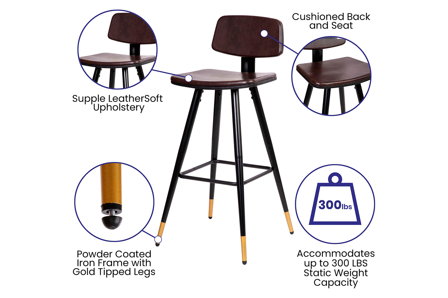 BLNK Kora Commercial LeatherSoft Low Back Bar Stools Set of 2 - Brown