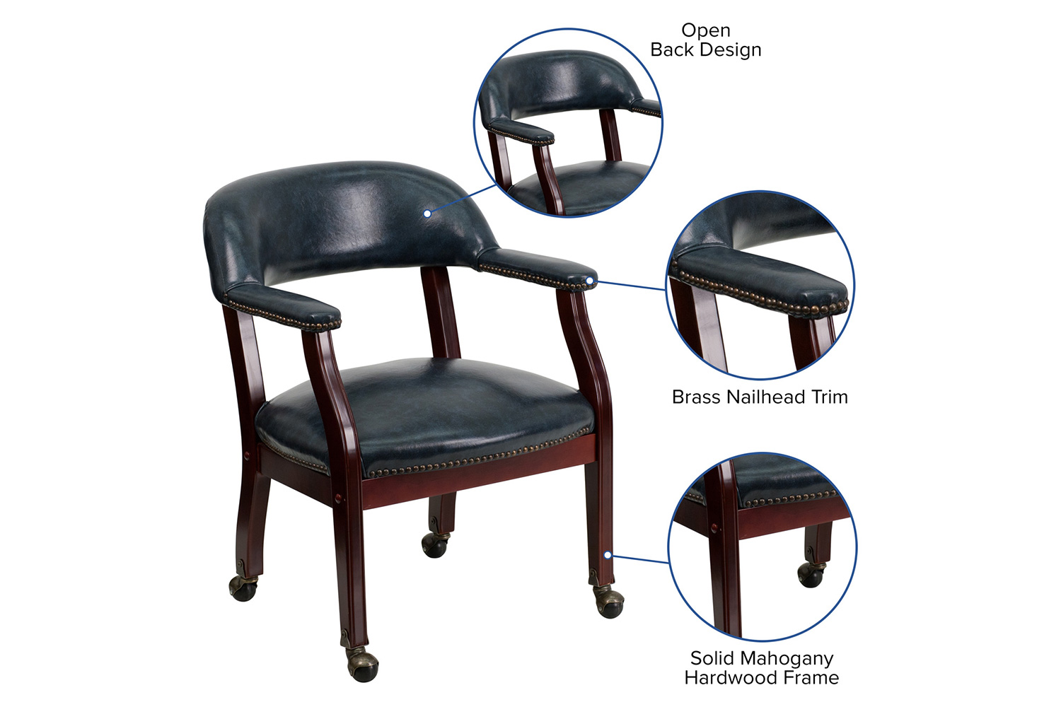 BLNK Sarah Vinyl Luxurious Conference Chair with Accent Nail Trim and Casters - Navy