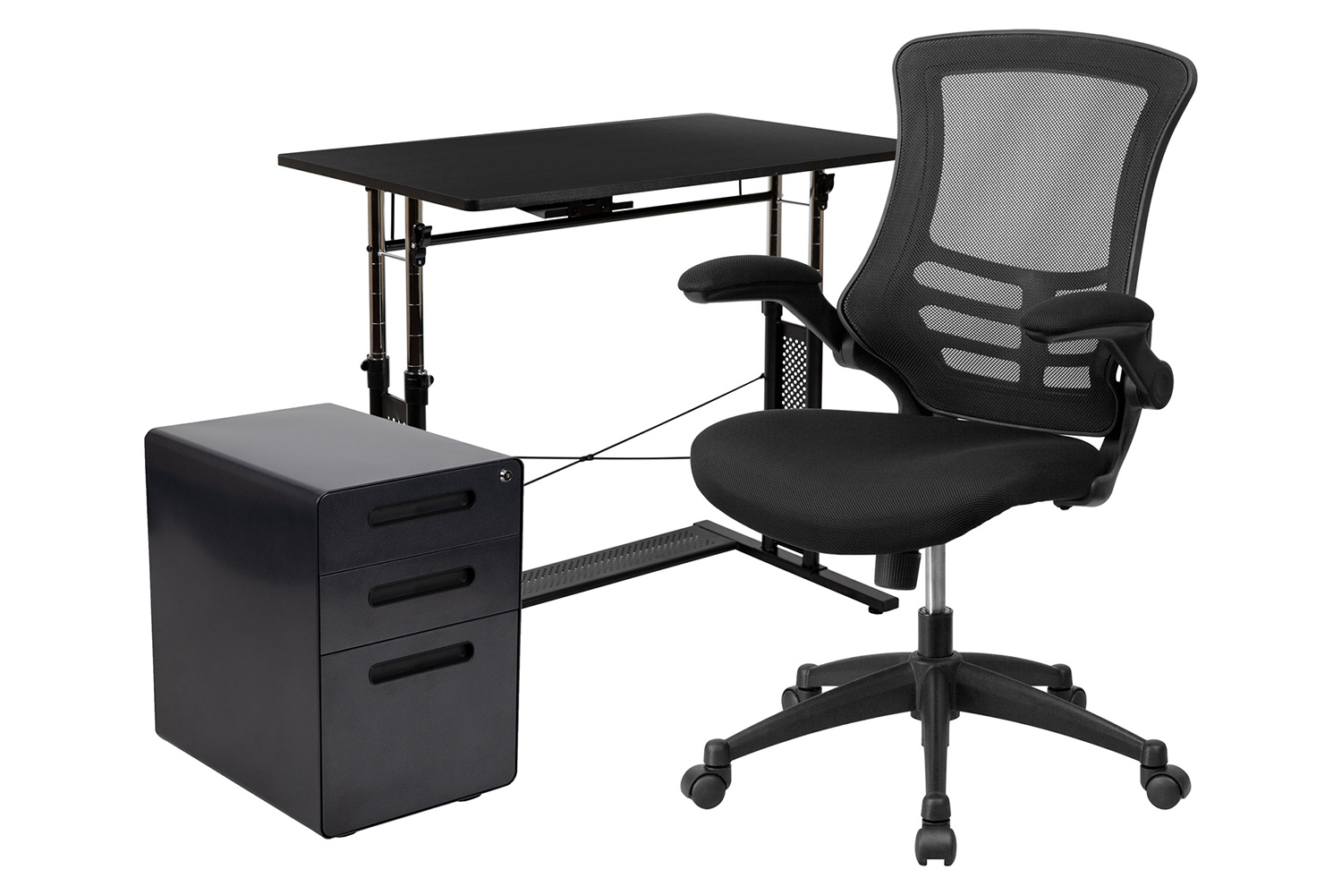 BLNK Stiles Work From Home Kit with Adjustable Computer Desk, Ergonomic Mesh Office Chair and Locking Mobile Filing Cabinet with Inset Handles - Black