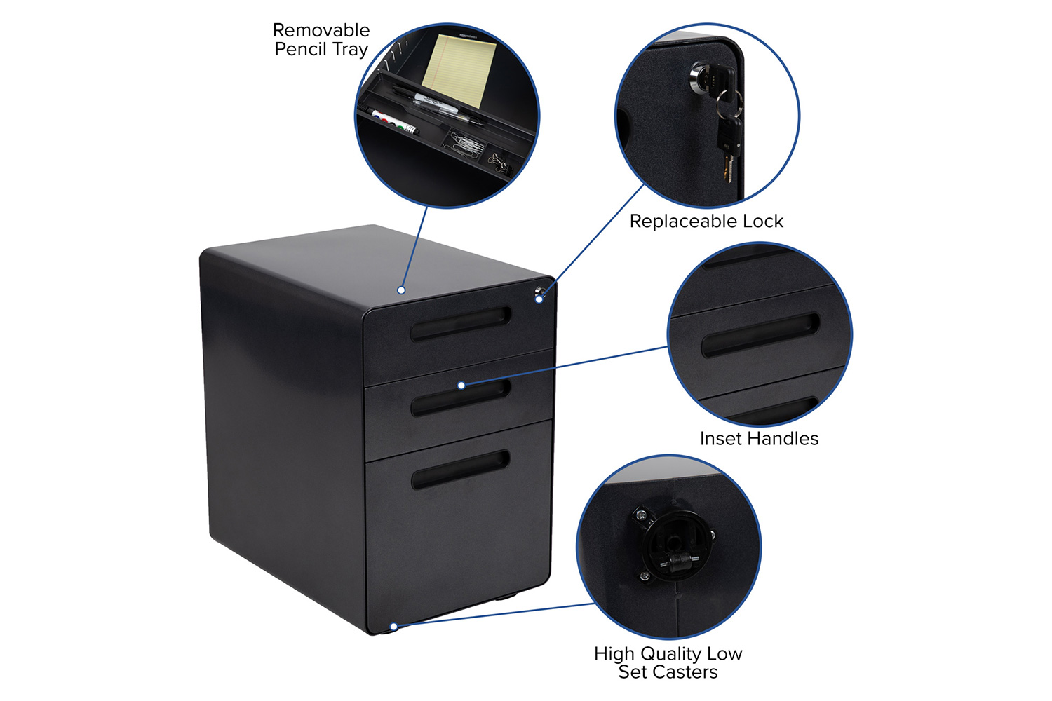 BLNK Stiles Work From Home Kit with Adjustable Computer Desk, Ergonomic Mesh Office Chair and Locking Mobile Filing Cabinet with Inset Handles - Black