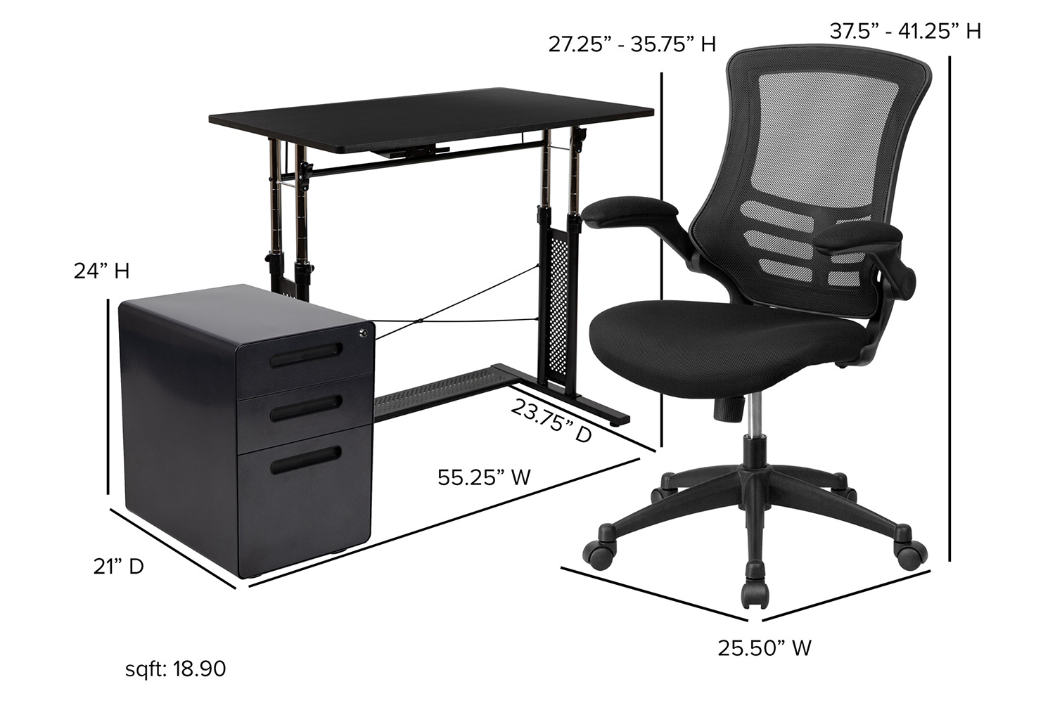 BLNK Stiles Work From Home Kit with Adjustable Computer Desk, Ergonomic Mesh Office Chair and Locking Mobile Filing Cabinet with Inset Handles - Black