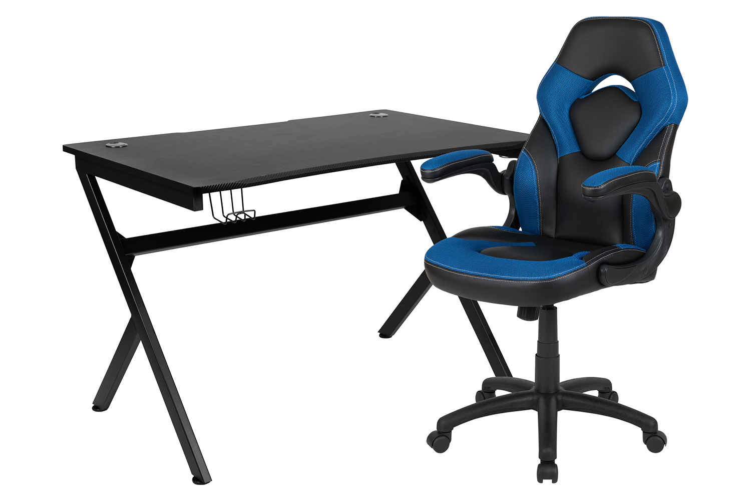 BLNK Optis Black Gaming Desk and Racing Chair Set with Cup Holder, Headphone Hook and 2 Wire Management Holes - Blue