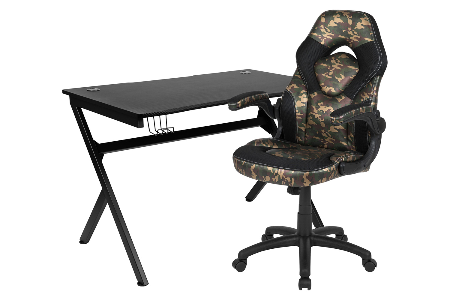 BLNK Optis Black Gaming Desk and Racing Chair Set with Cup Holder, Headphone Hook and 2 Wire Management Holes - Camouflage