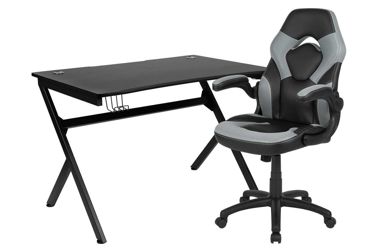 BLNK Optis Black Gaming Desk and Racing Chair Set with Cup Holder, Headphone Hook and 2 Wire Management Holes - Gray