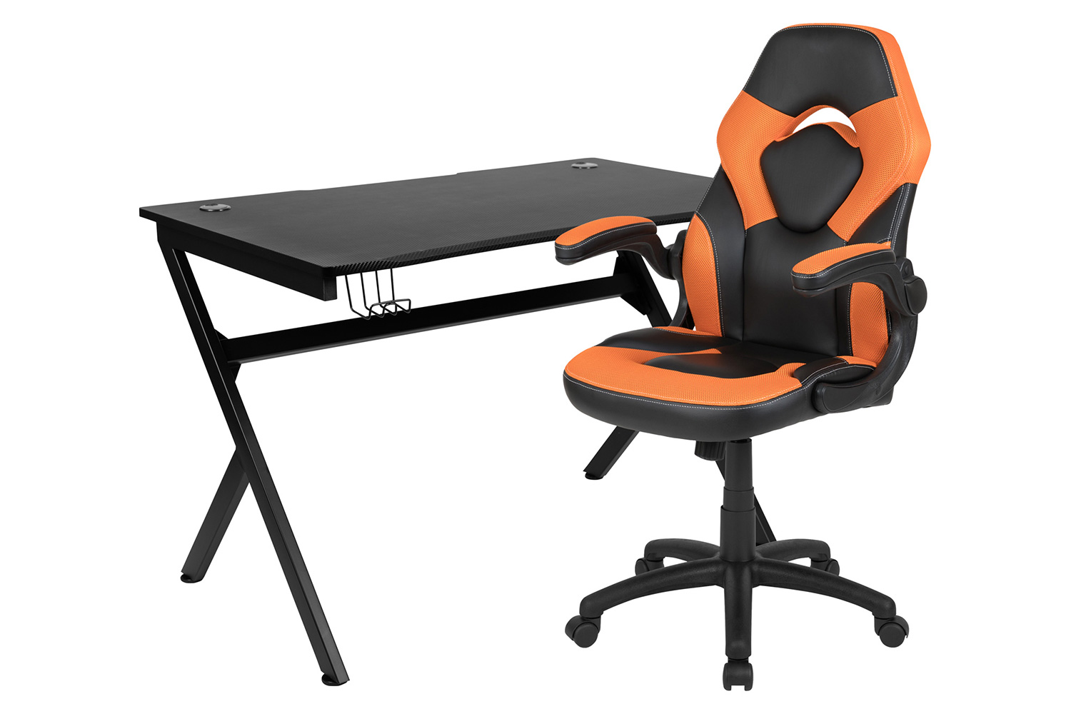 BLNK Optis Black Gaming Desk and Racing Chair Set with Cup Holder, Headphone Hook and 2 Wire Management Holes - Orange