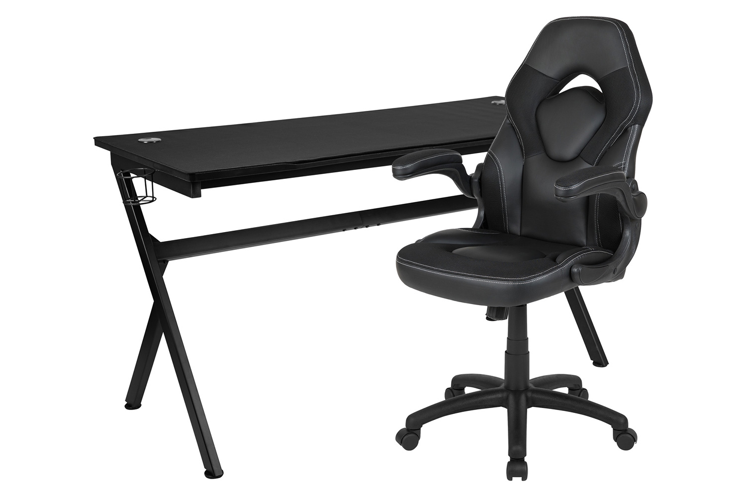 BLNK Optis Gaming Desk and Racing Chair Set with Cup Holder, Headphone Hook, Removable Mouse Pad Top and 2 Wire Management Holes - Black