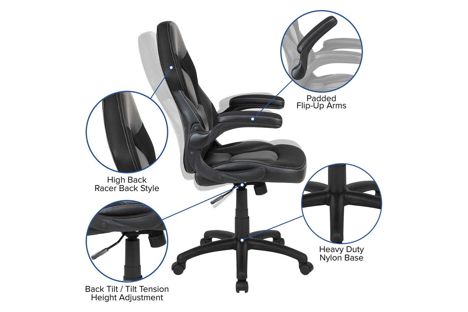 BLNK Optis Gaming Desk and Racing Chair Set with Cup Holder, Headphone Hook, Removable Mouse Pad Top and 2 Wire Management Holes - Black