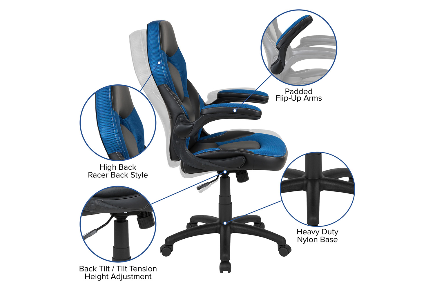 BLNK Optis Gaming Desk and Racing Chair Set with Cup Holder, Headphone Hook, Removable Mouse Pad Top and 2 Wire Management Holes - Blue/Black