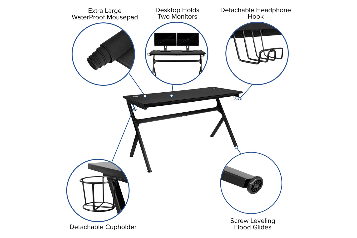 BLNK Optis Gaming Desk and Racing Chair Set with Cup Holder, Headphone Hook, Removable Mouse Pad Top and 2 Wire Management Holes - Blue/Black