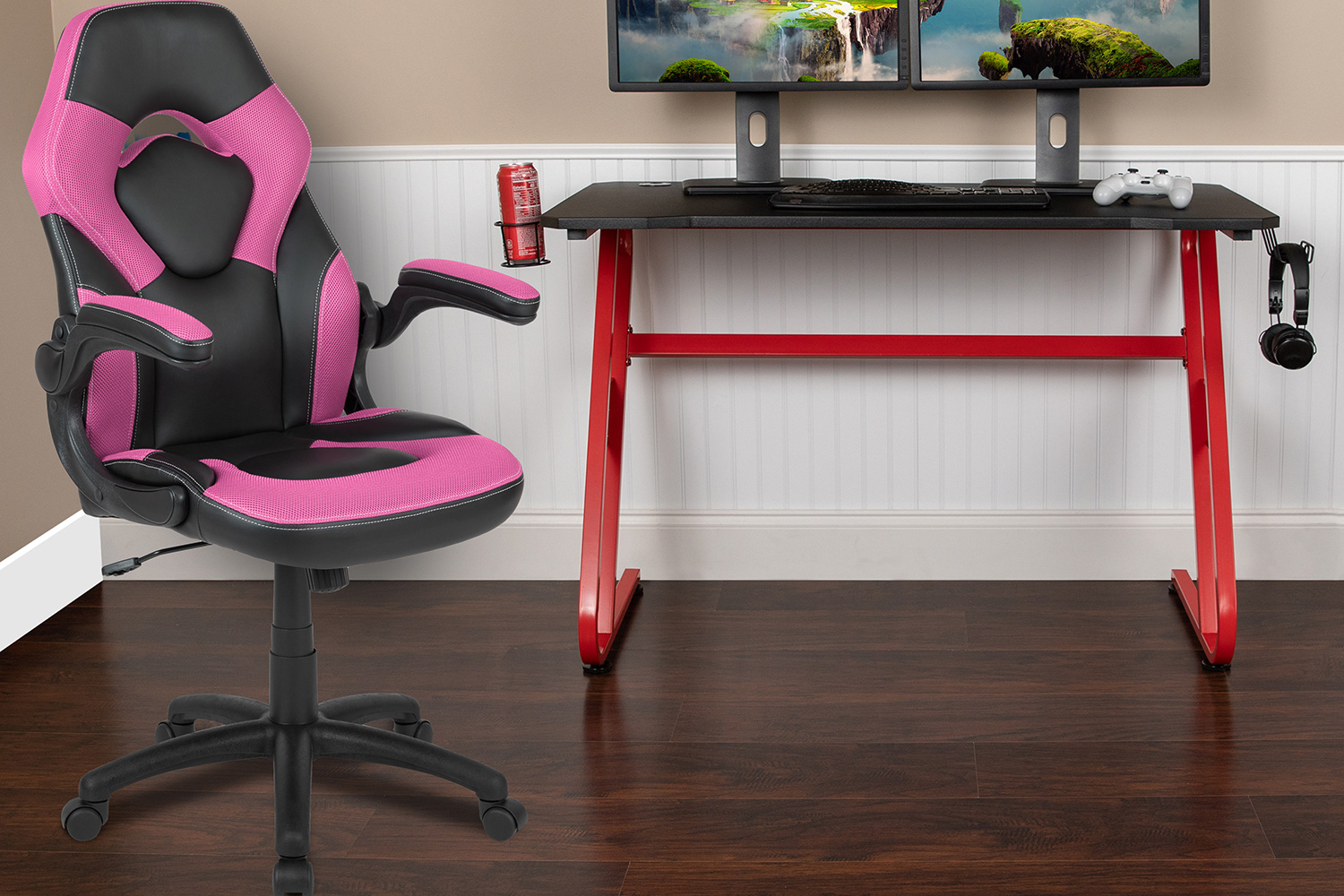 BLNK - Optis Red Gaming Desk and Racing Chair Set with Cup Holder and Headphone Hook