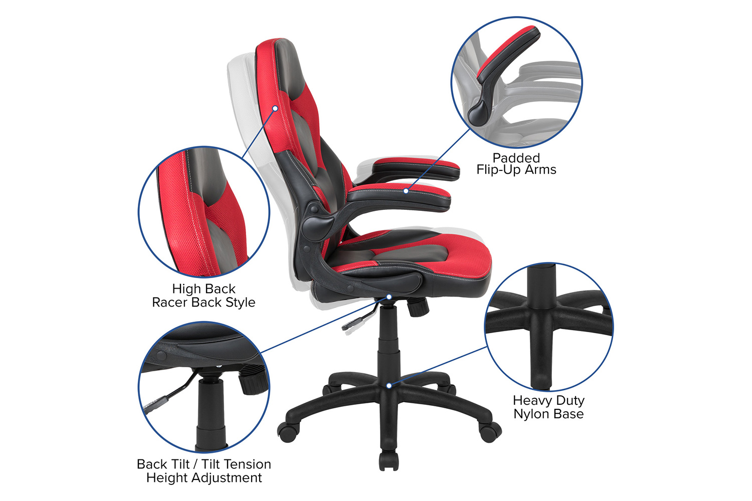 BLNK Optis Red Gaming Desk and Racing Chair Set with Cup Holder and Headphone Hook - Red/Black