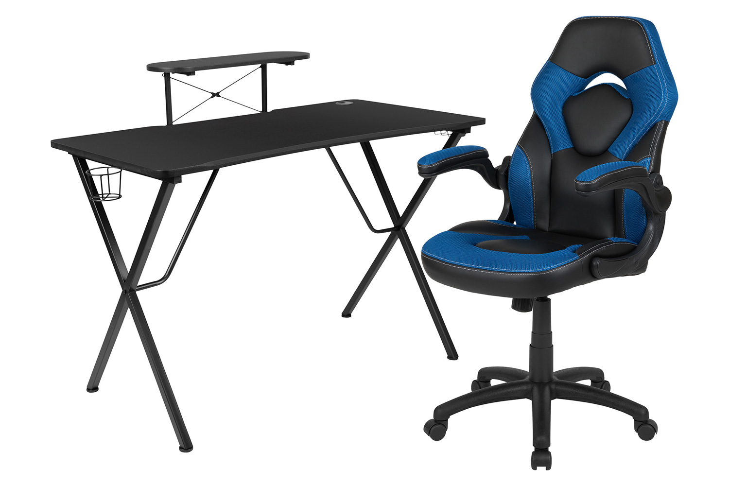BLNK Optis Black Gaming Desk and Racing Chair Set with Cup Holder, Headphone Hook and Monitor/Smartphone Stand - Blue