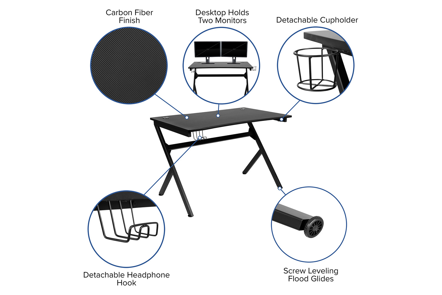 BLNK Optis Black Gaming Desk and Reclining Gaming Chair Set with Cup Holder, Headphone Hook and 2 Wire Management Holes - Black
