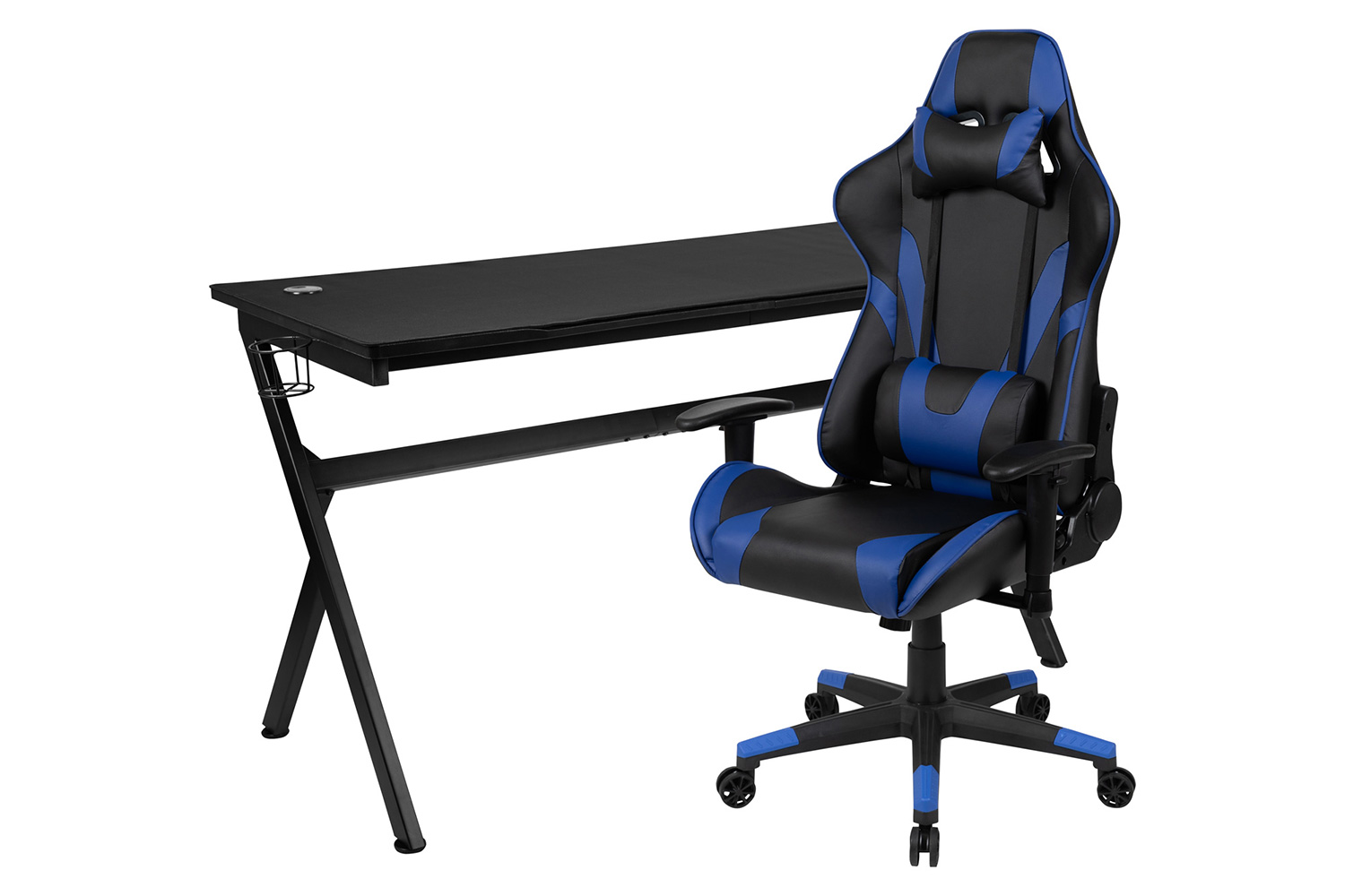 BLNK Optis Gaming Desk and Reclining Gaming Chair Set with Cup Holder, Headphone Hook, Removable Mouse Pad Top and Wire Management - Blue/Black