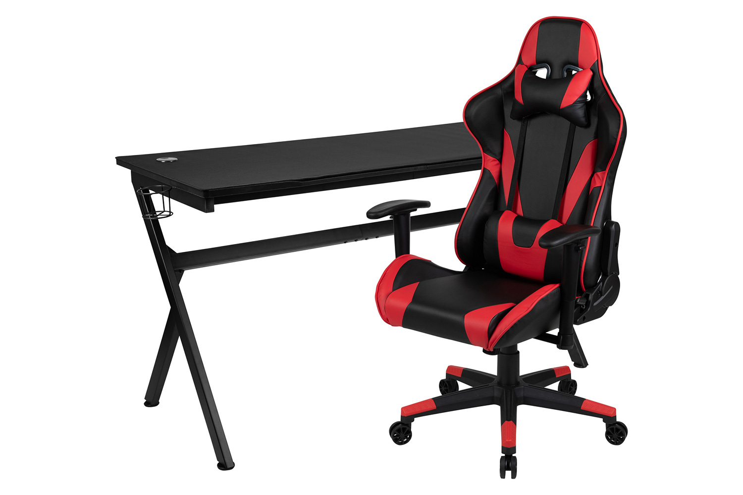 BLNK Optis Gaming Desk and Reclining Gaming Chair Set with Cup Holder, Headphone Hook, Removable Mouse Pad Top and Wire Management - Red/Black