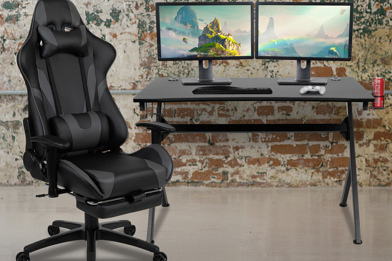 BLNK - Optis Black Gaming Desk and Footrest Reclining Gaming Chair Set with Cup Holder, Headphone Hook and 2 Wire Management Holes