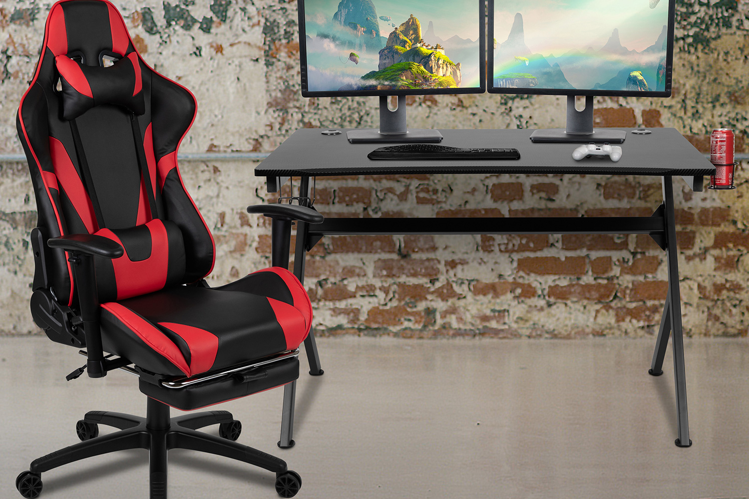 BLNK - Optis Black Gaming Desk and Footrest Reclining Gaming Chair Set with Cup Holder, Headphone Hook and 2 Wire Management Holes