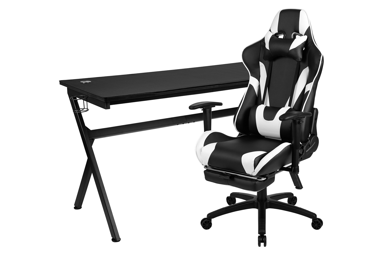 BLNK Optis Gaming Desk and Footrest Reclining Gaming Chair Set with Cup Holder, Headphone Hook, Removable Mouse Pad Top/Wire Management - Black