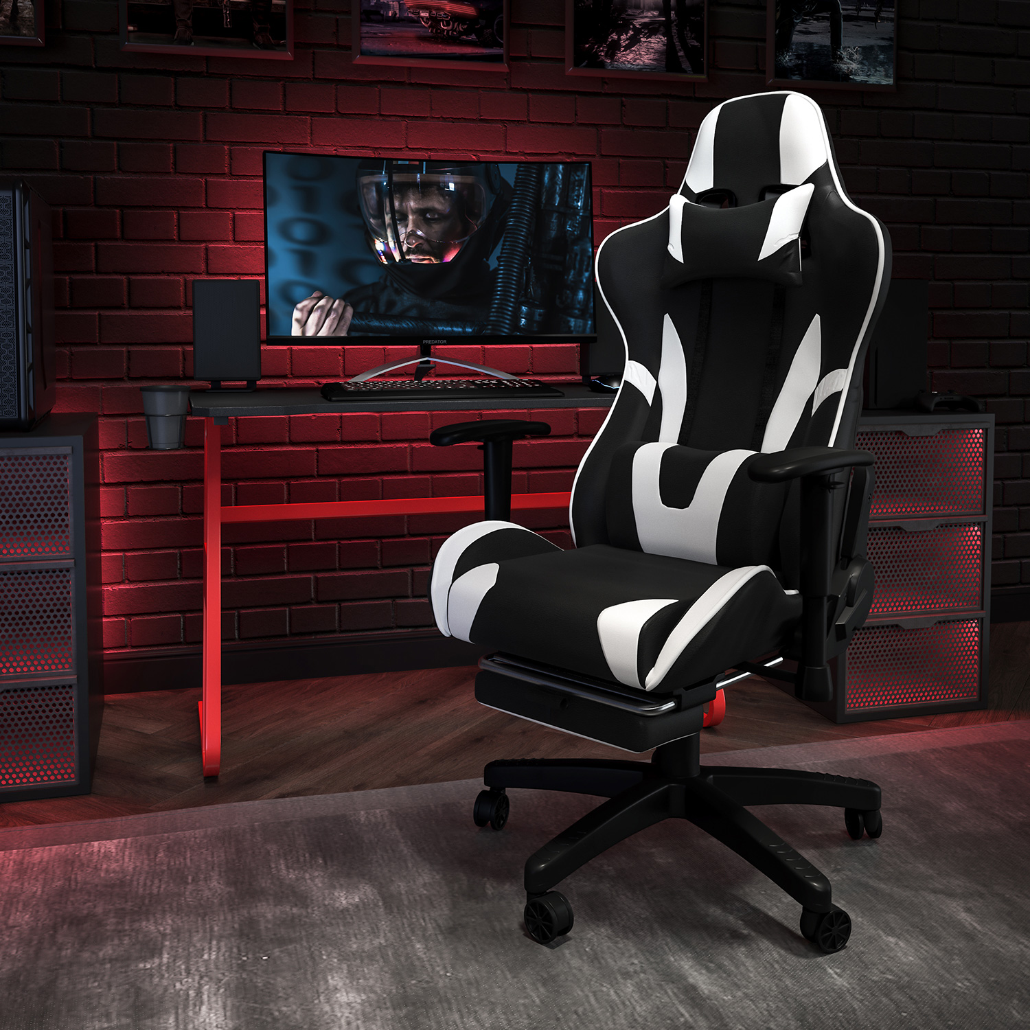 BLNK - Optis Red Gaming Desk and Footrest Reclining Gaming Chair Set with Cup Holder and Headphone Hook