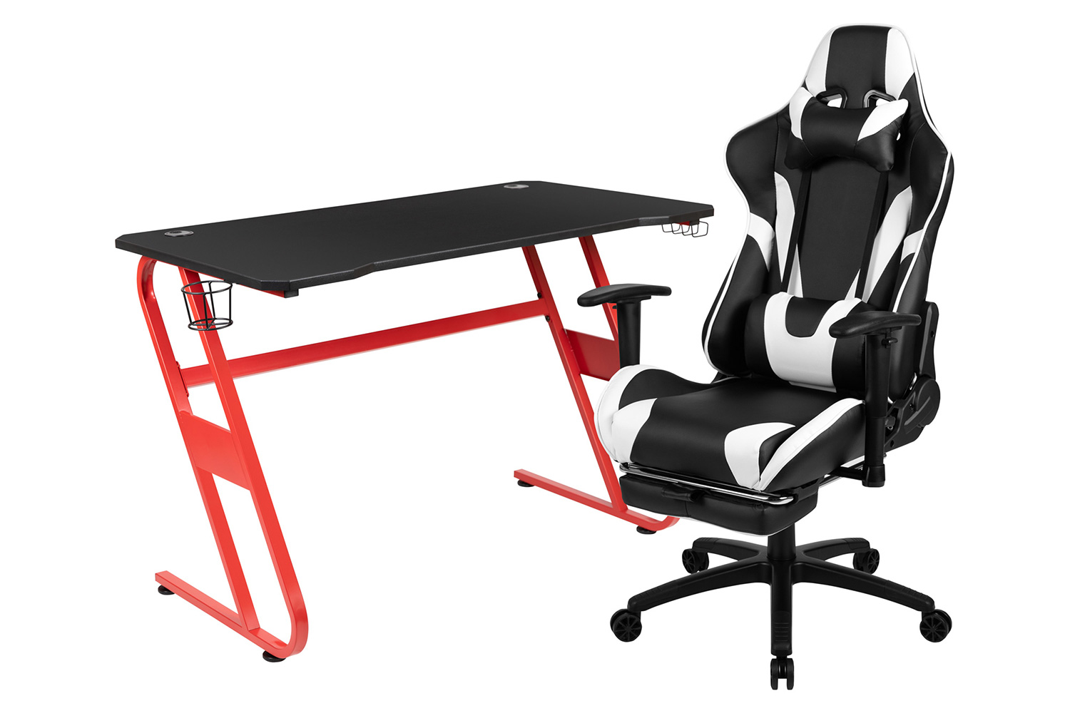 BLNK Optis Red Gaming Desk and Footrest Reclining Gaming Chair Set with Cup Holder and Headphone Hook - Black