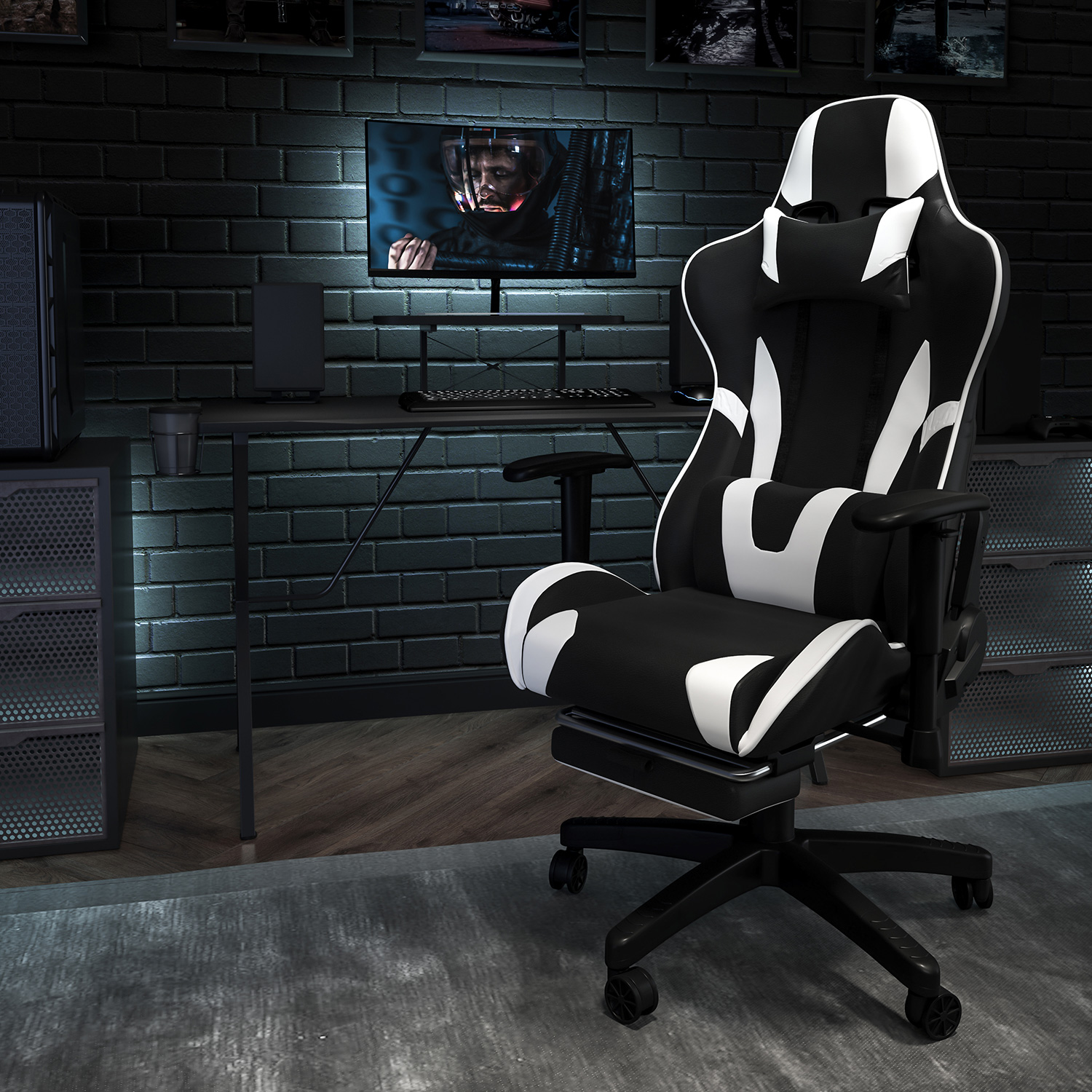 BLNK - Optis Black Gaming Desk and Footrest Reclining Gaming Chair Set with Cup Holder, Headphone Hook and Monitor/Smartphone Stand