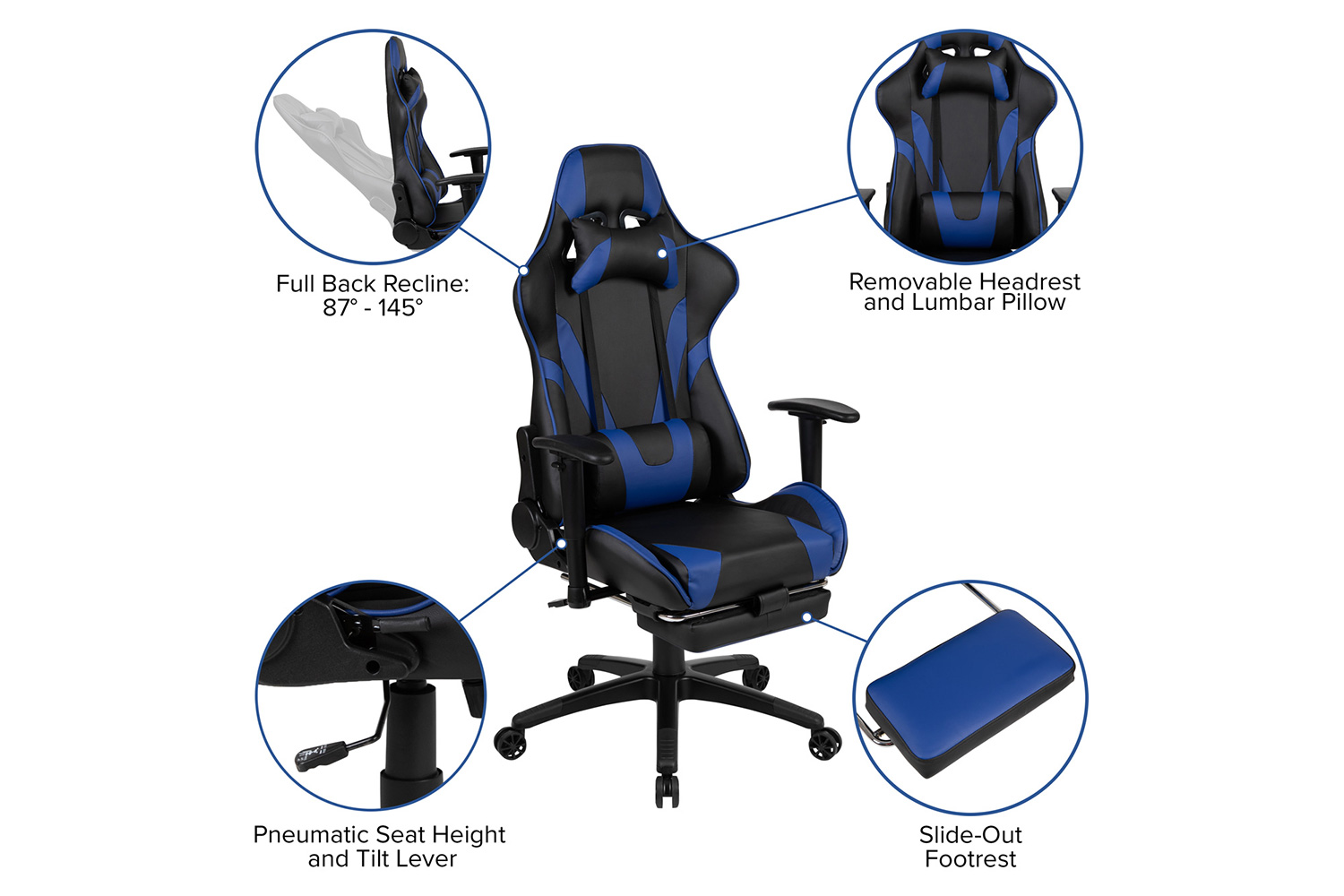 BLNK Optis Black Gaming Desk and Footrest Reclining Gaming Chair Set with Cup Holder, Headphone Hook and Monitor/Smartphone Stand - Blue