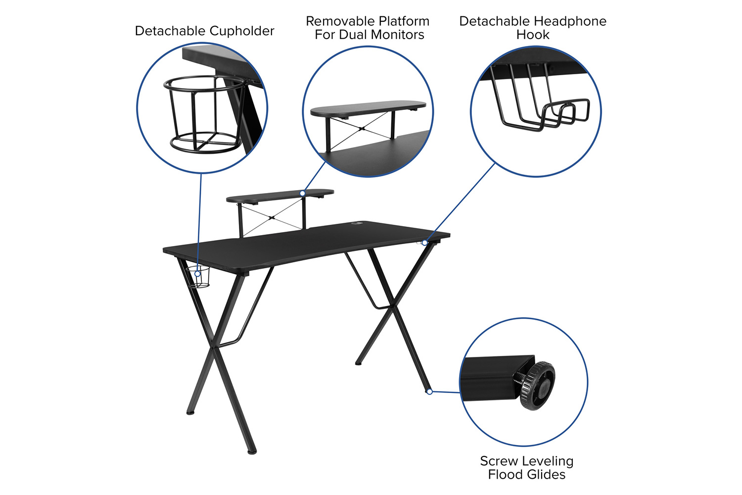 BLNK Optis Black Gaming Desk and Footrest Reclining Gaming Chair Set with Cup Holder, Headphone Hook and Monitor/Smartphone Stand - Blue