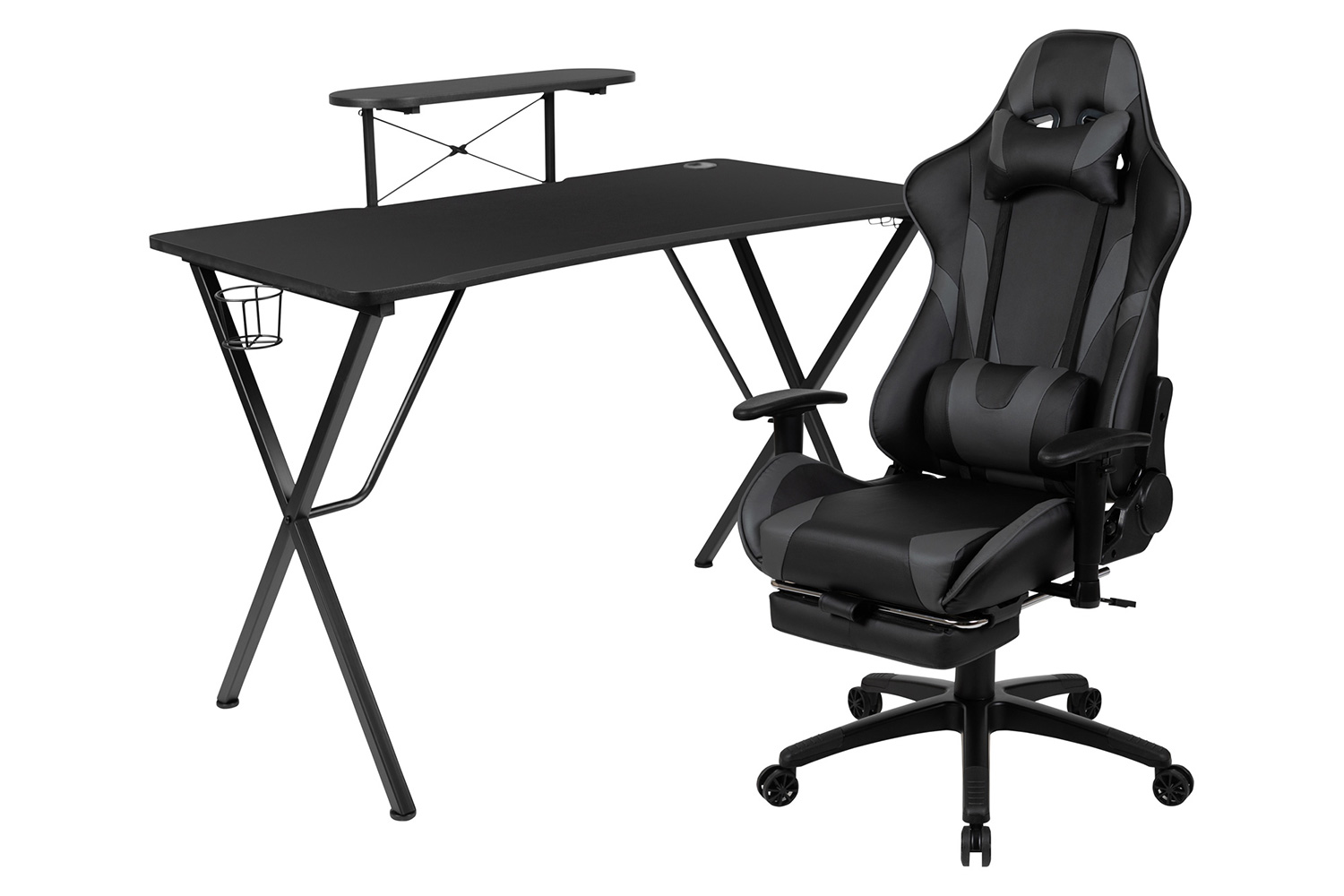 BLNK Optis Black Gaming Desk and Footrest Reclining Gaming Chair Set with Cup Holder, Headphone Hook and Monitor/Smartphone Stand - Gray