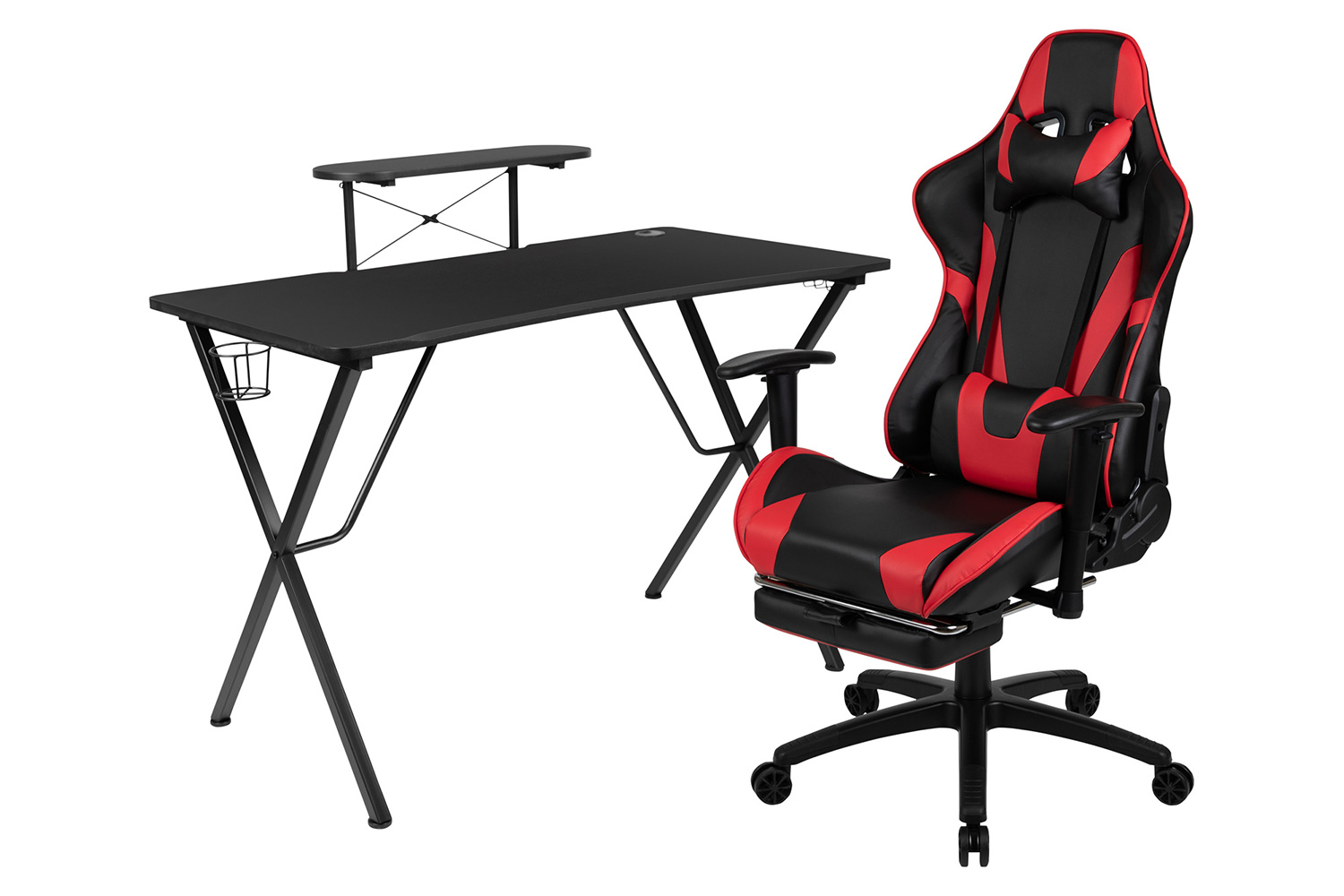 BLNK Optis Black Gaming Desk and Footrest Reclining Gaming Chair Set with Cup Holder, Headphone Hook and Monitor/Smartphone Stand - Red