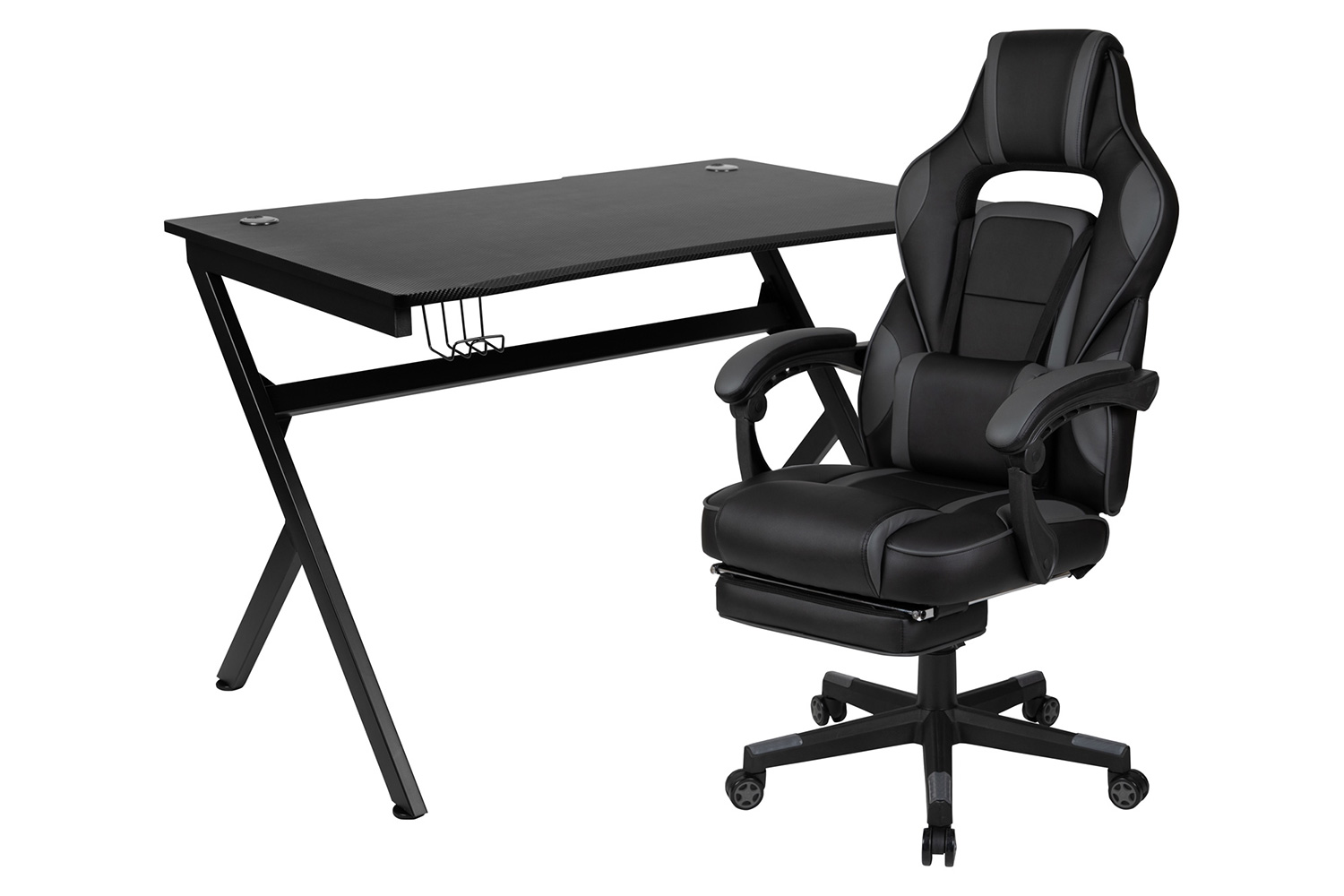 BLNK Optis Black Gaming Desk with Cup Holder, Headphone Hook, 2 Wire Management Holes and Reclining Back/Arms Gaming Chair with Footrest - Black