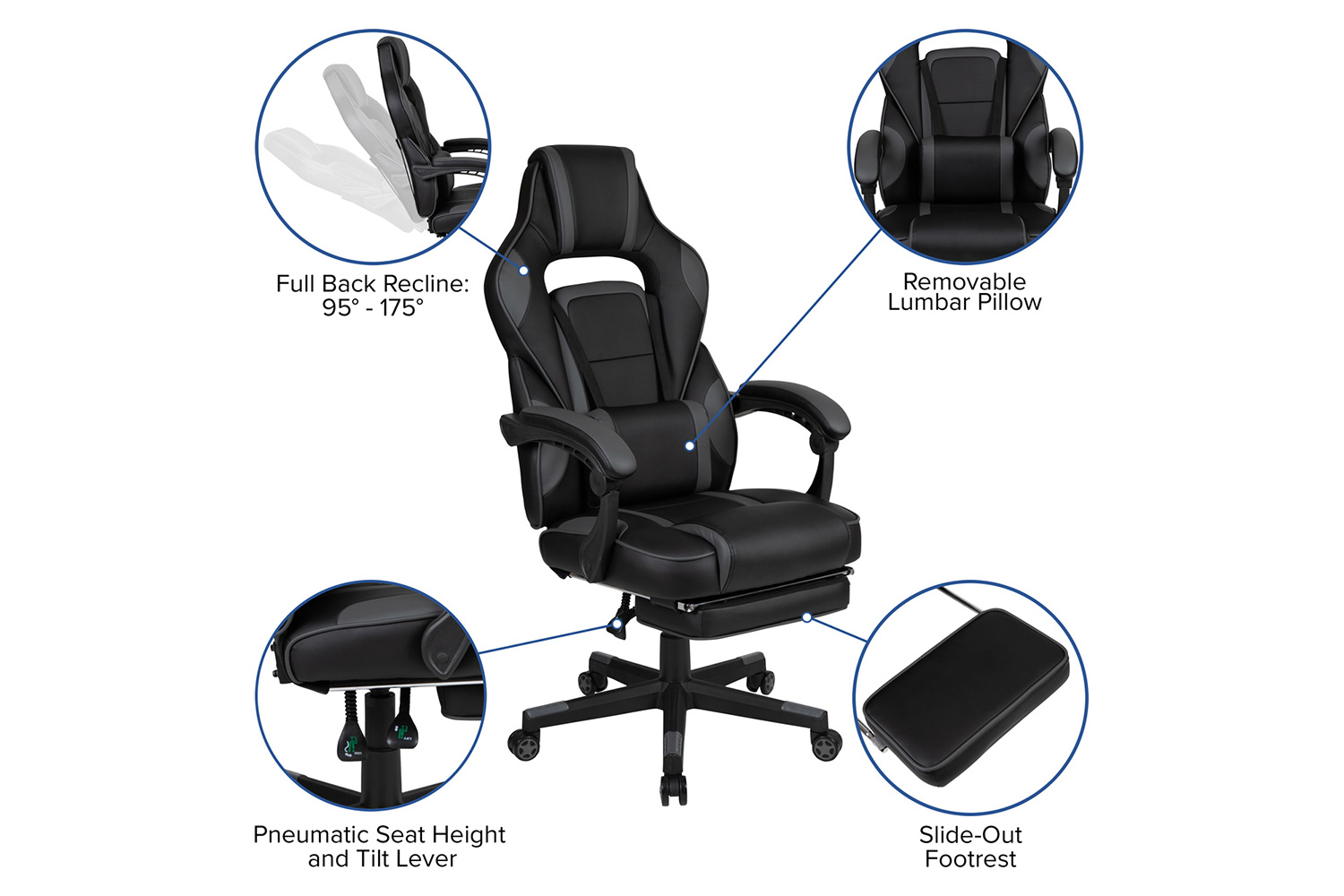 BLNK Optis Black Gaming Desk with Cup Holder, Headphone Hook, 2 Wire Management Holes and Reclining Back/Arms Gaming Chair with Footrest - Black