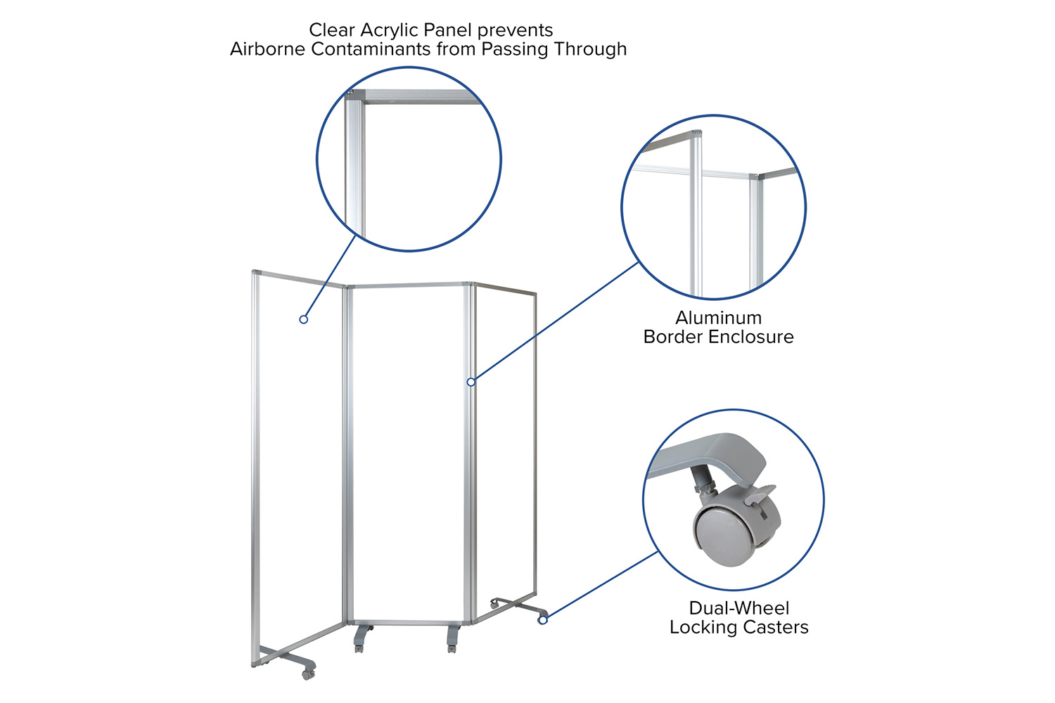BLNK Raisley 3 Sections Transparent Acrylic Mobile Partition with Lockable Casters - 72"H x 24"L