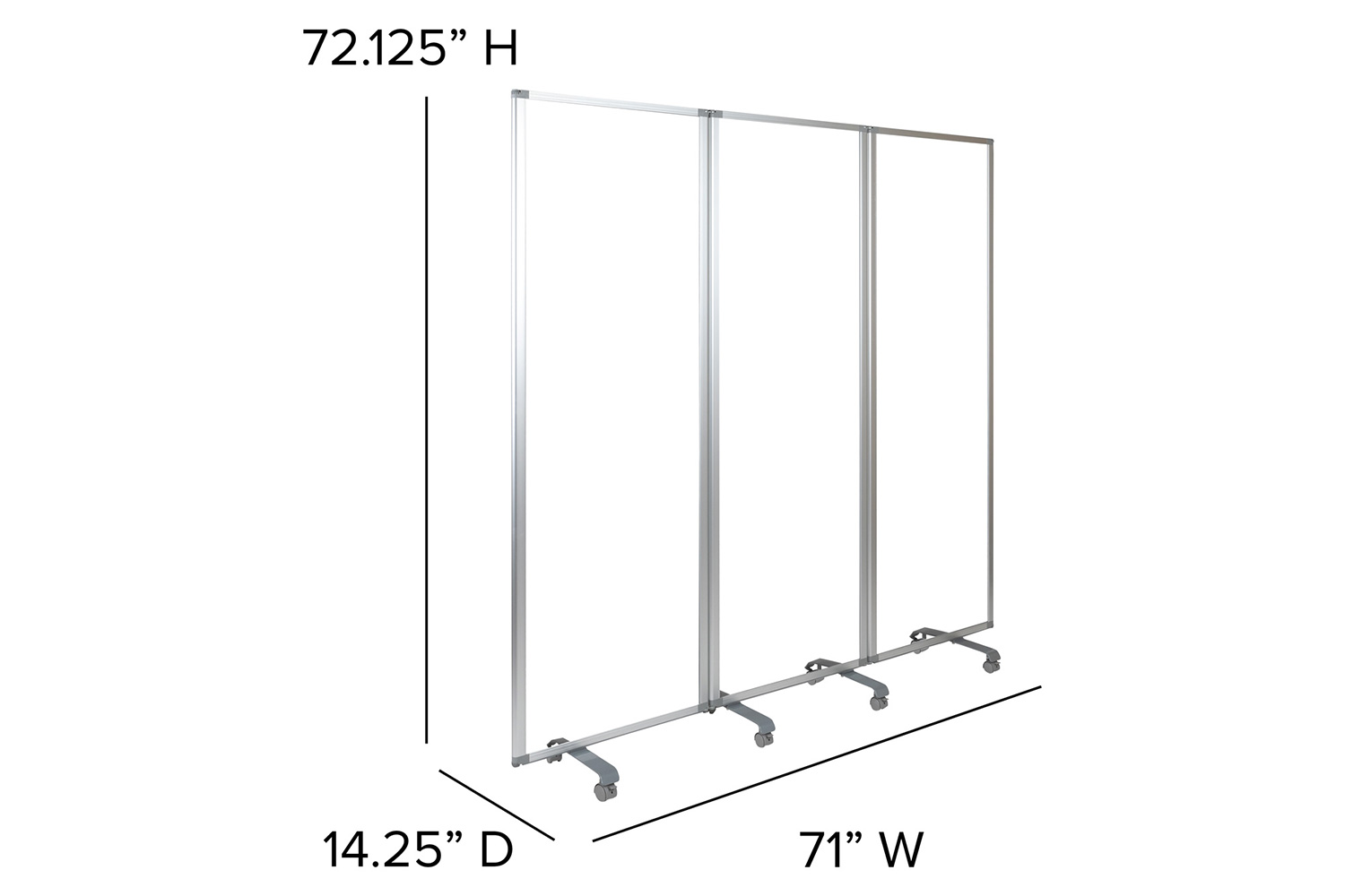 BLNK Raisley 3 Sections Transparent Acrylic Mobile Partition with Lockable Casters - 72"H x 24"L
