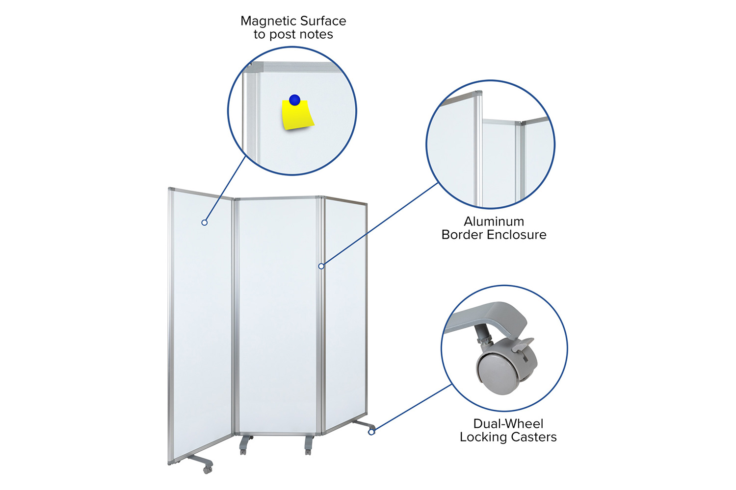 BLNK - Raisley 3 Sections Mobile Magnetic Whiteboard Partition with Lockable Casters
