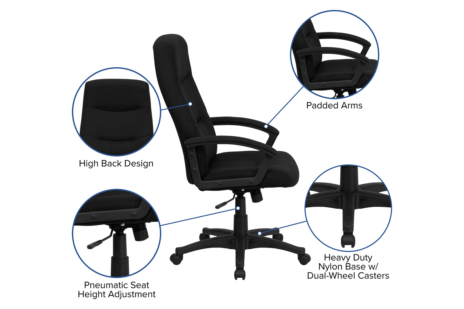 BLNK Rochelle Fabric High-Back Executive Swivel Office Chair with Two Line Horizontal Stitch Back and Arms - Black