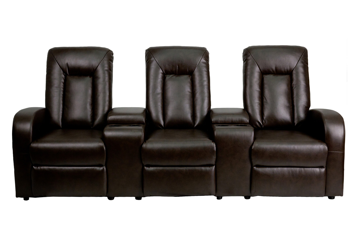 BLNK Eclipse Series LeatherSoft 3-Seat Reclining LeatherSoft Theater Seating Unit with Cup Holders - Brown