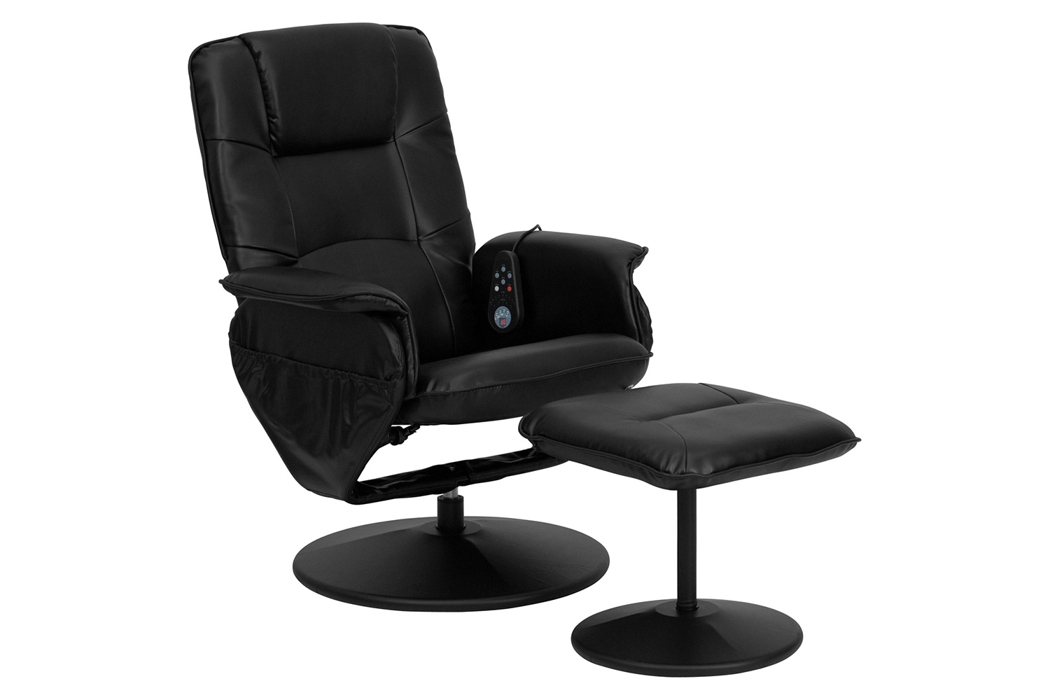 BLNK - Cason Massaging Adjustable Recliner with Deep Side Pockets and Ottoman with Wrapped Base in Black LeatherSoft