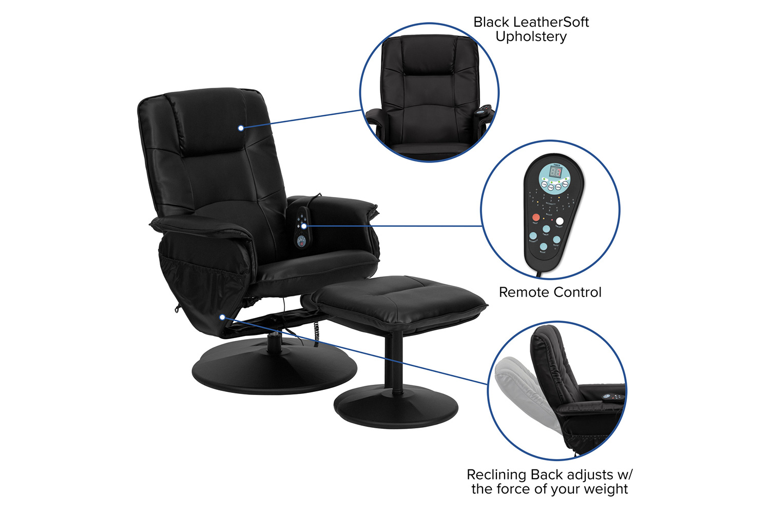 BLNK - Cason Massaging Adjustable Recliner with Deep Side Pockets and Ottoman with Wrapped Base in Black LeatherSoft